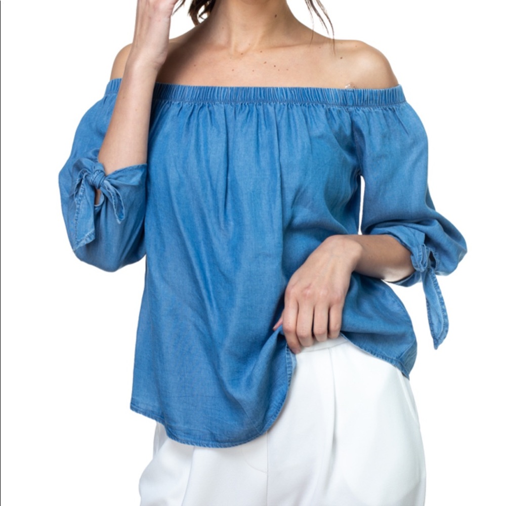 ✨LAST ONES✨Off the shoulder tie sleeves Tencel top - Picture 3 of 6